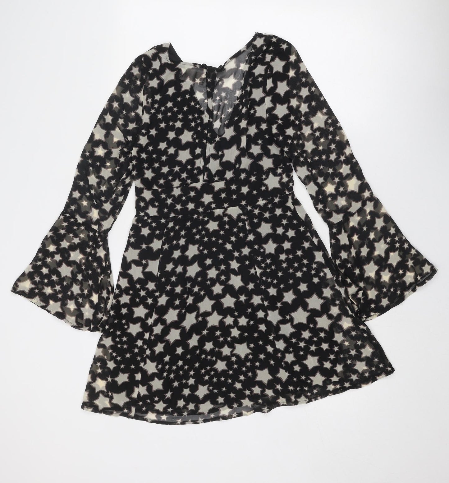 Kiss the Sky Womens Black Geometric Viscose Fit & Flare Size S V-Neck Button - Star Pattern