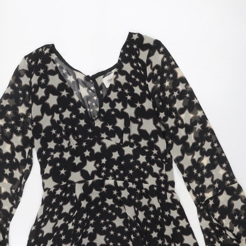 Kiss the Sky Womens Black Geometric Viscose Fit & Flare Size S V-Neck Button - Star Pattern