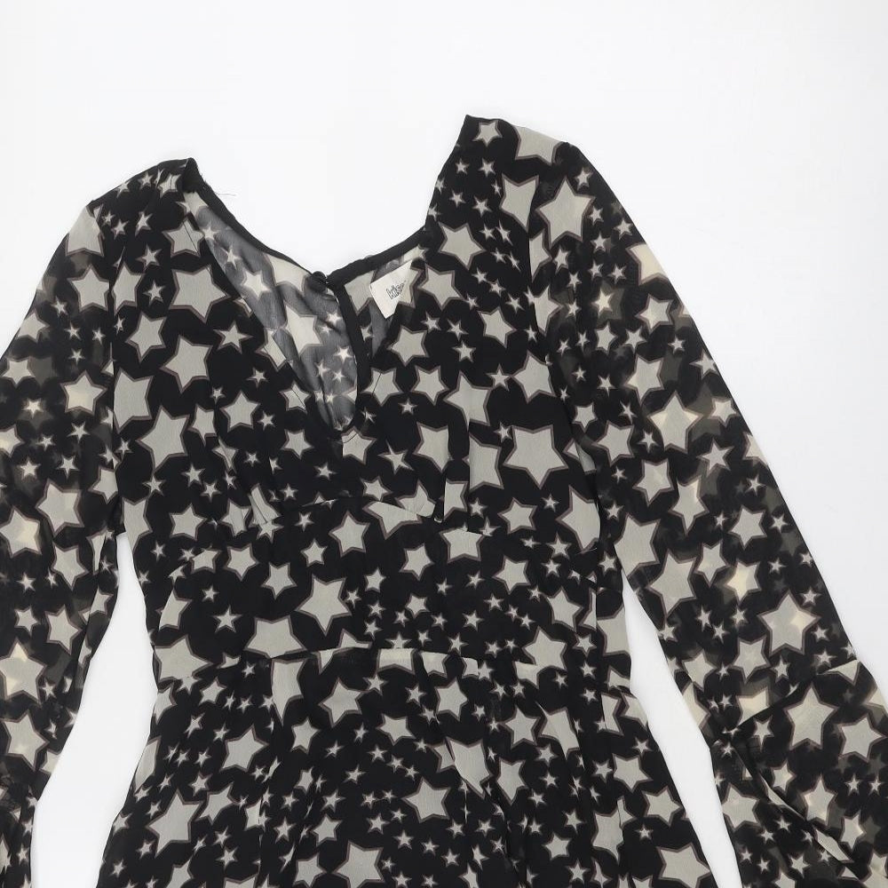 Kiss the Sky Womens Black Geometric Viscose Fit & Flare Size S V-Neck Button - Star Pattern