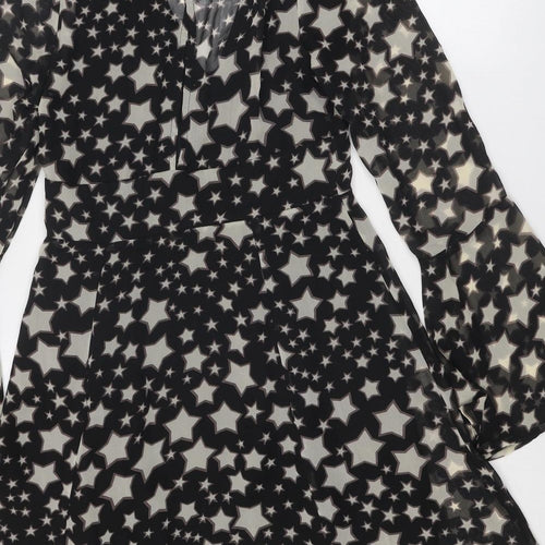 Kiss the Sky Womens Black Geometric Viscose Fit & Flare Size S V-Neck Button - Star Pattern