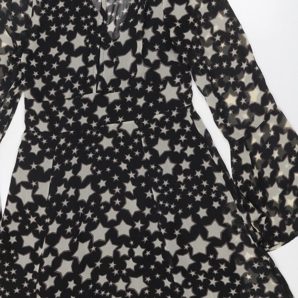 Kiss the Sky Womens Black Geometric Viscose Fit & Flare Size S V-Neck Button - Star Pattern