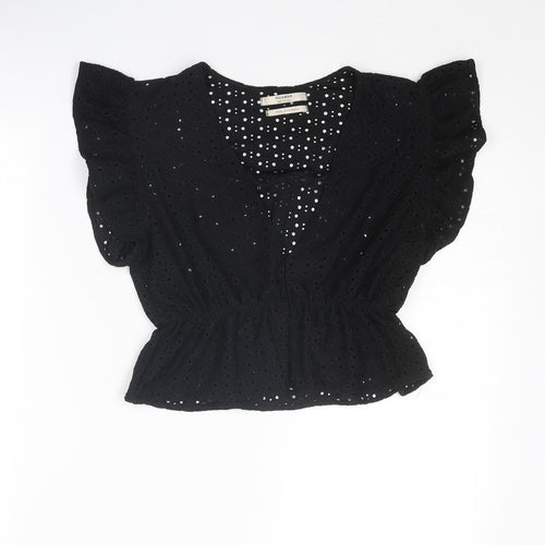 Pull&Bear Womens Black Polyester Basic Blouse Size M V-Neck