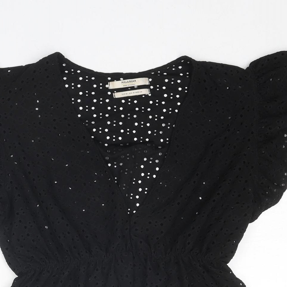 Pull&Bear Womens Black Polyester Basic Blouse Size M V-Neck