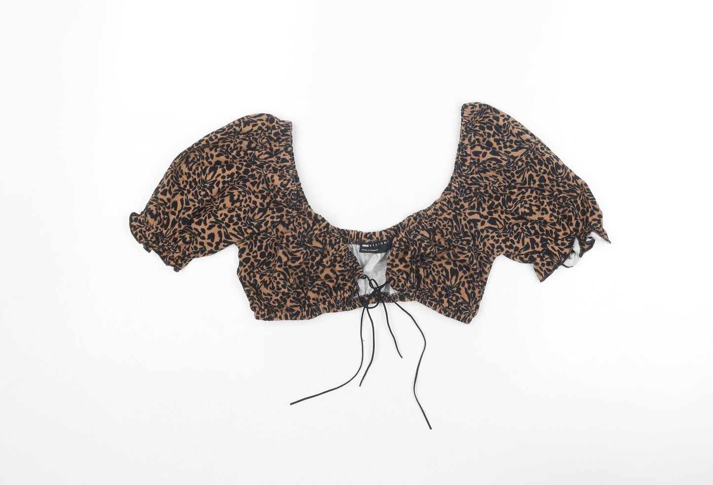 ASOS Womens Brown Animal Print Polyester Cropped Blouse Size 6 Scoop Neck - Leopard Print