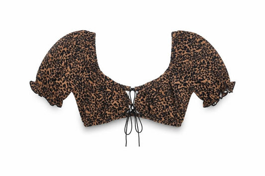 Front view of ASOS women’s brown animal print polyester cropped blouse, size UK 6, scoop neck - leopard print