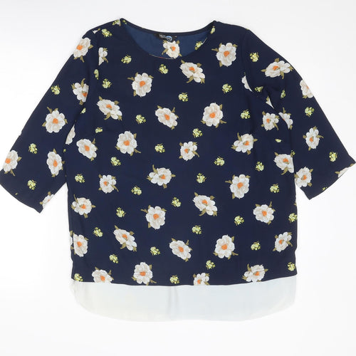 Blue Chameleon Womens Blue Floral Polyester Basic Blouse Size 14 Round Neck