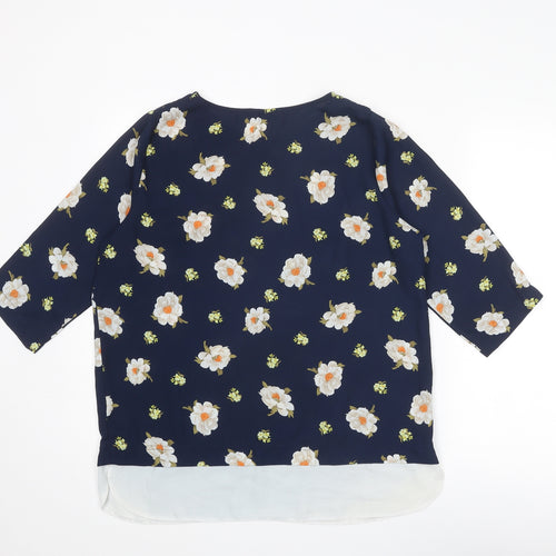 Blue Chameleon Womens Blue Floral Polyester Basic Blouse Size 14 Round Neck