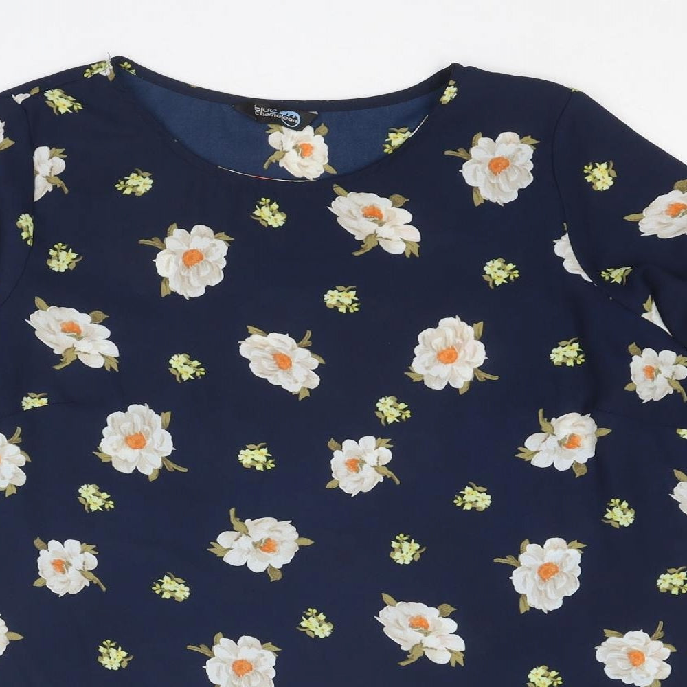 Blue Chameleon Womens Blue Floral Polyester Basic Blouse Size 14 Round Neck