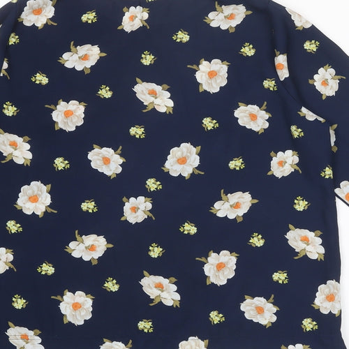Blue Chameleon Womens Blue Floral Polyester Basic Blouse Size 14 Round Neck