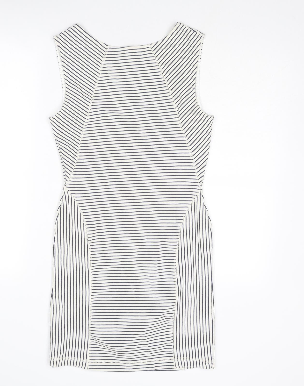 Mango Womens White Striped Cotton Shift Size S Round Neck Zip