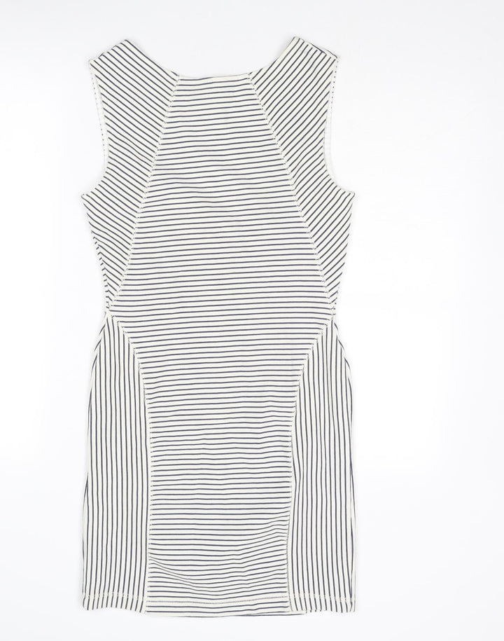 Mango Womens White Striped Cotton Shift Size S Round Neck Zip