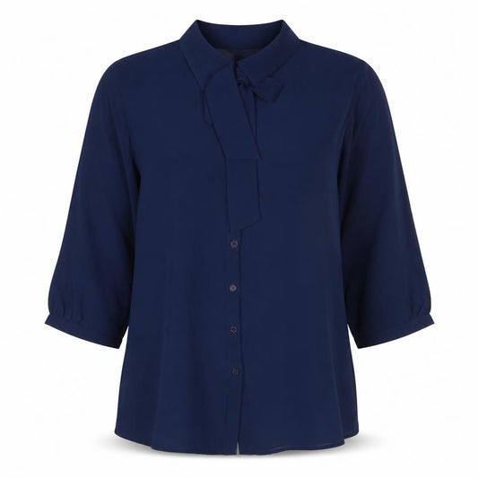 Front view of Boohoo women’s blue polyester basic button-up, size UK 12, collared
