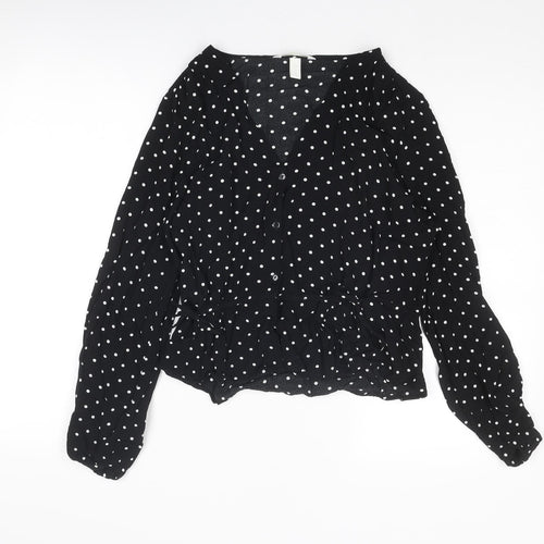 H&M Womens Black Polka Dot Viscose Basic Blouse Size 12 V-Neck