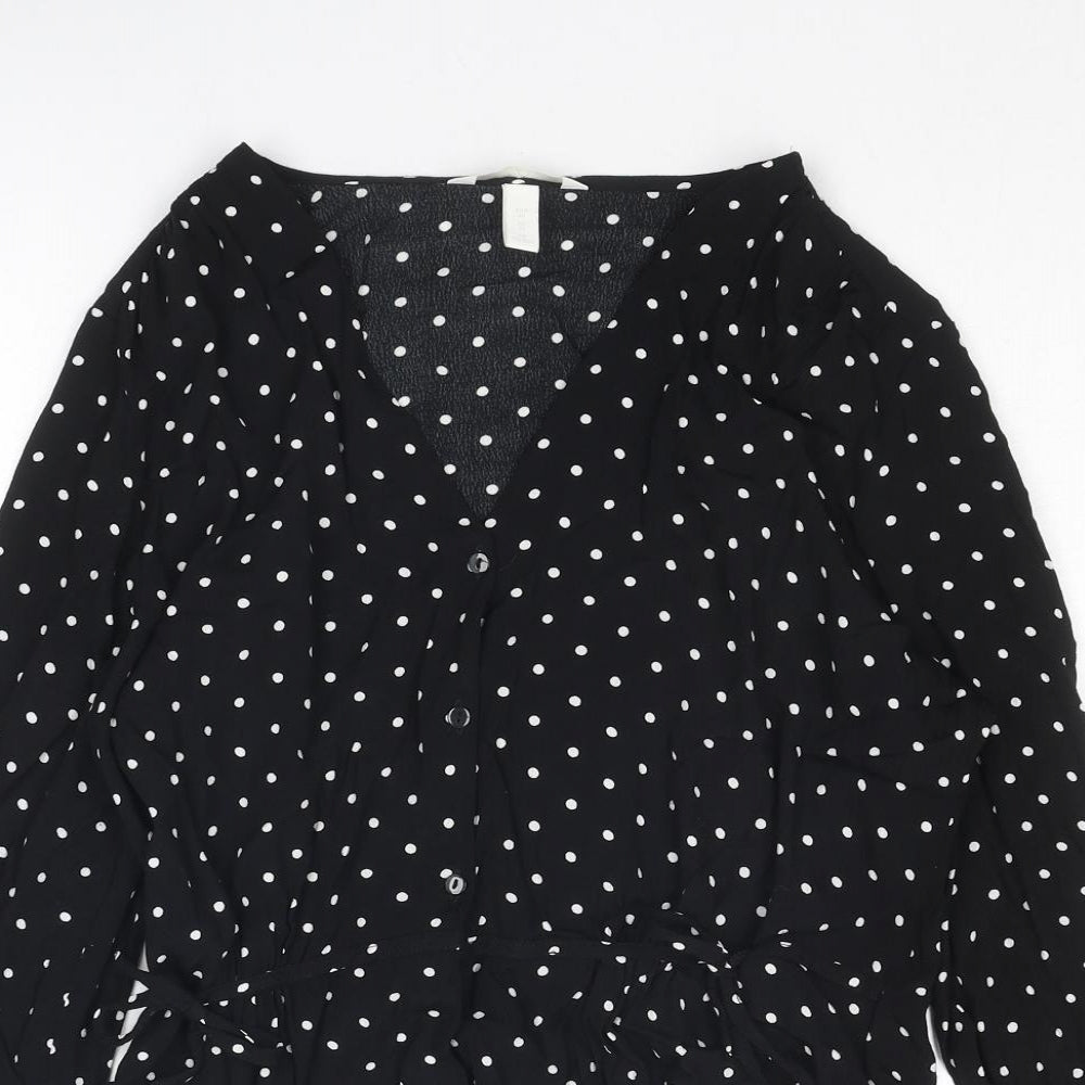 H&M Womens Black Polka Dot Viscose Basic Blouse Size 12 V-Neck