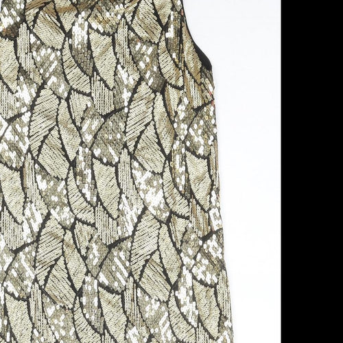 Krisp Womens Gold Geometric Polyester Shift Size 10 Round Neck Button