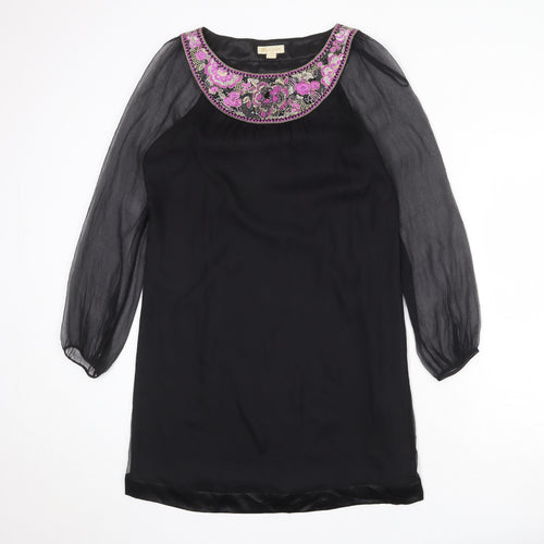 Monsoon Womens Black Silk Shift Size 10 Boat Neck Pullover - Sheer Sleeves