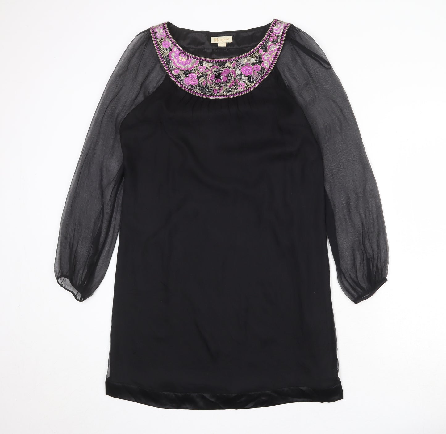 Monsoon Womens Black Silk Shift Size 10 Boat Neck Pullover - Sheer Sleeves
