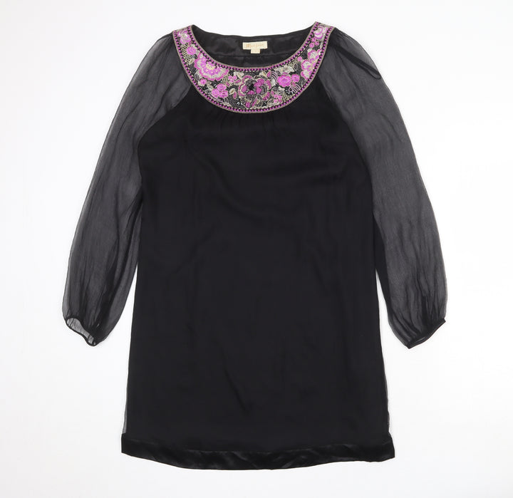 Monsoon Womens Black Silk Shift Size 10 Boat Neck Pullover - Sheer Sleeves