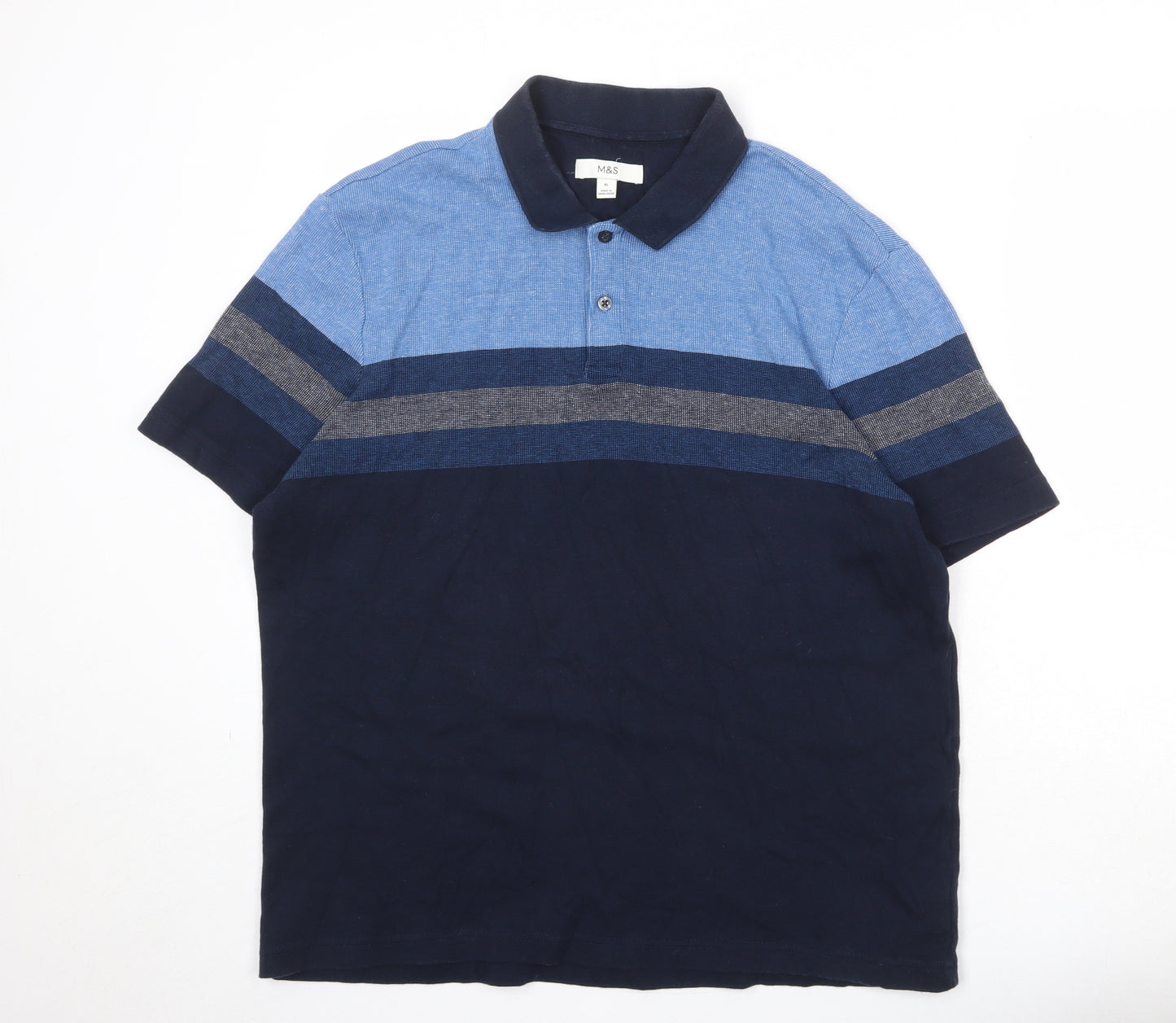 Marks and Spencer Mens Blue Colourblock 100% Cotton Polo Size XL Collared Button
