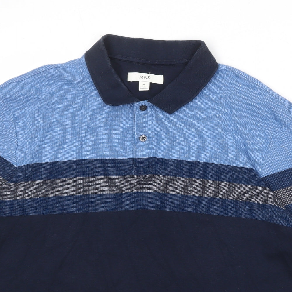 Marks and Spencer Mens Blue Colourblock 100% Cotton Polo Size XL Collared Button