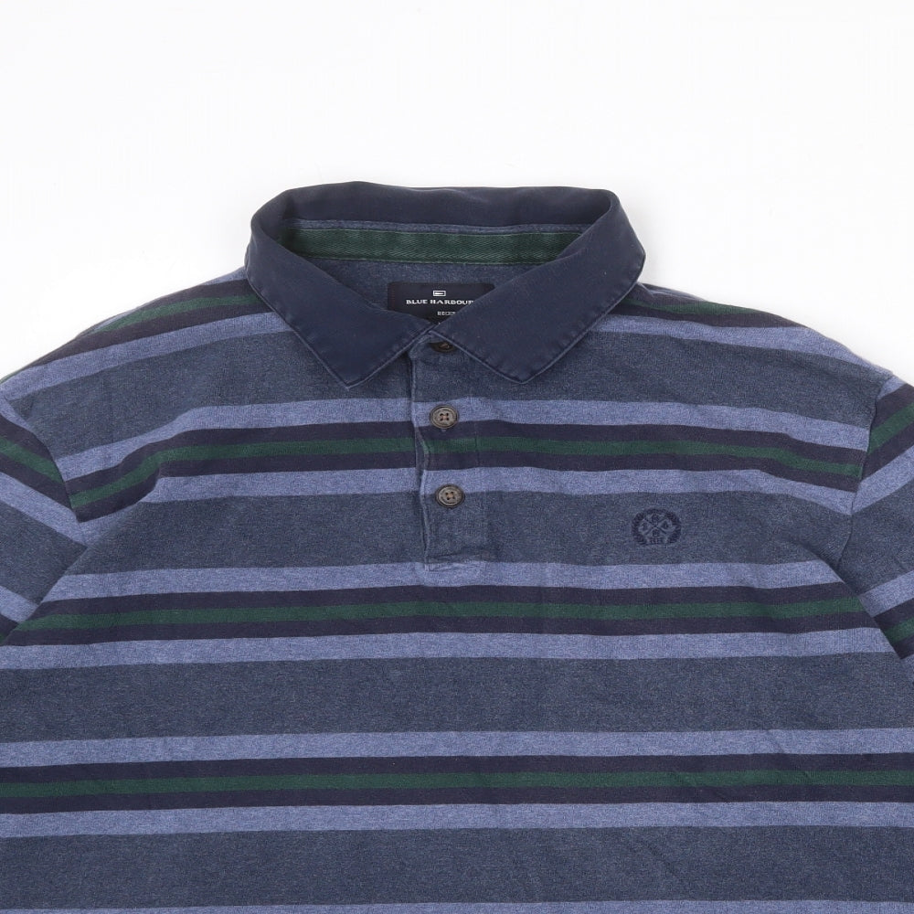 Blue Harbour Mens Blue Striped 100% Cotton Polo Size L Collared Button