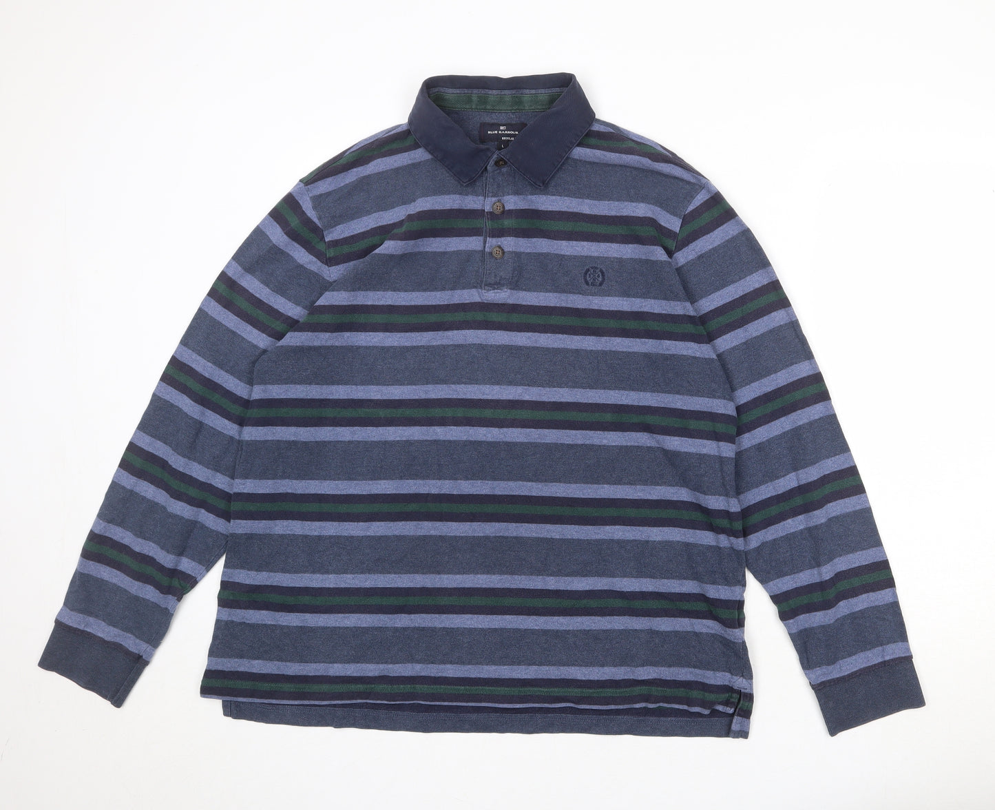 Blue Harbour Mens Blue Striped 100% Cotton Polo Size L Collared Button