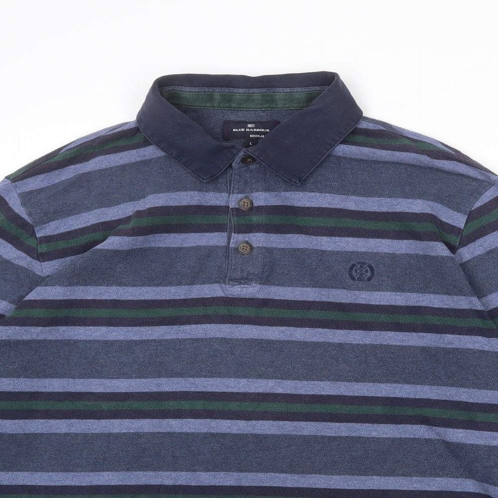 Blue Harbour Mens Blue Striped 100% Cotton Polo Size L Collared Button