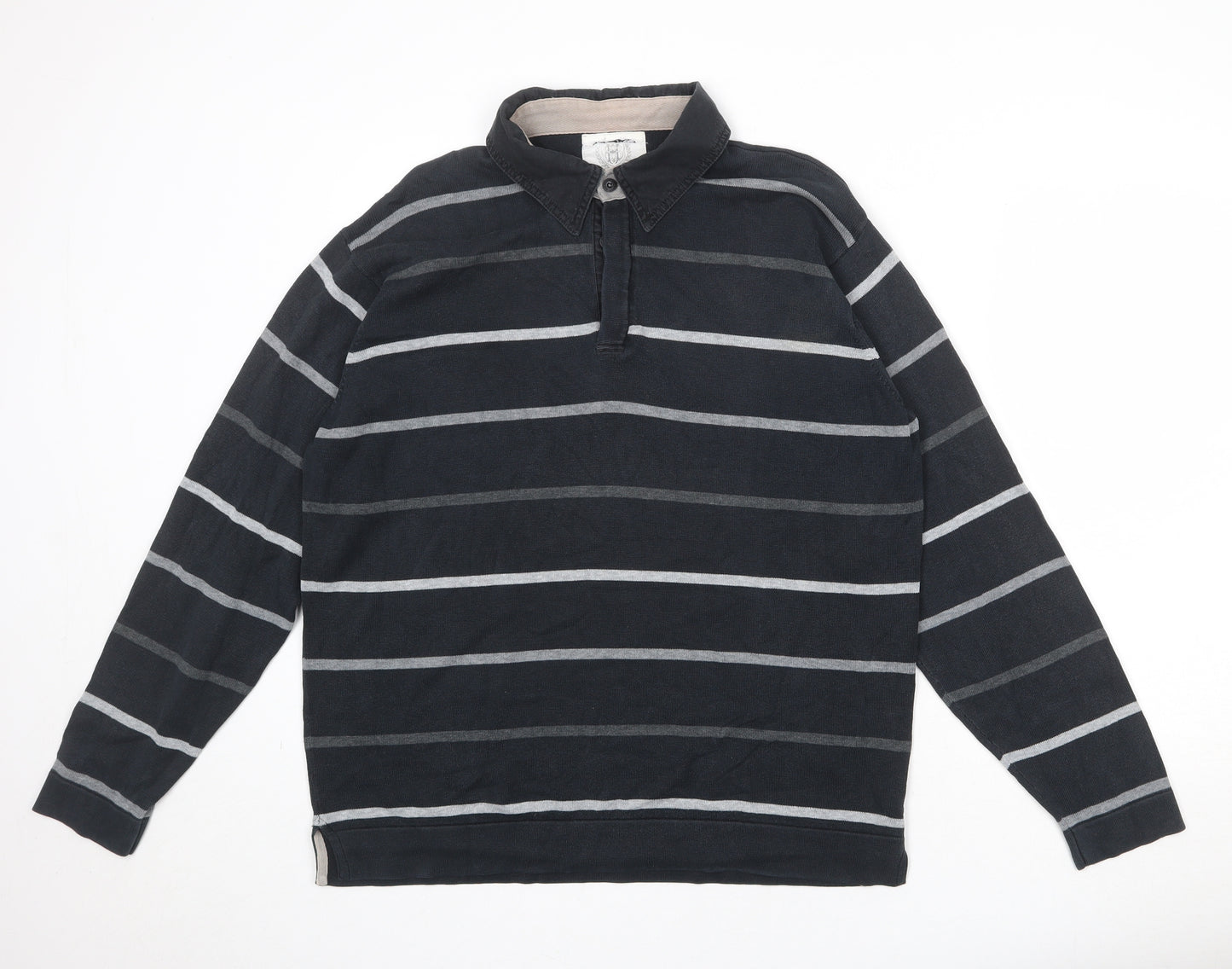 Blue Harbour Mens Black Striped Cotton Polo Size L Collared Button
