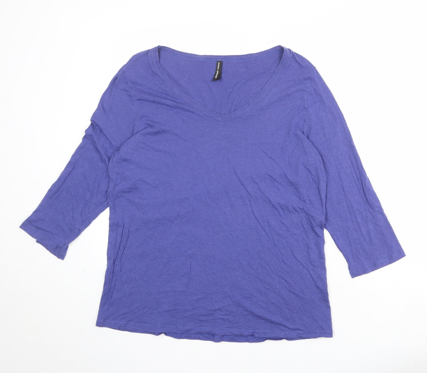 Marks and Spencer Womens Blue Cotton Basic T-Shirt Size 20 V-Neck