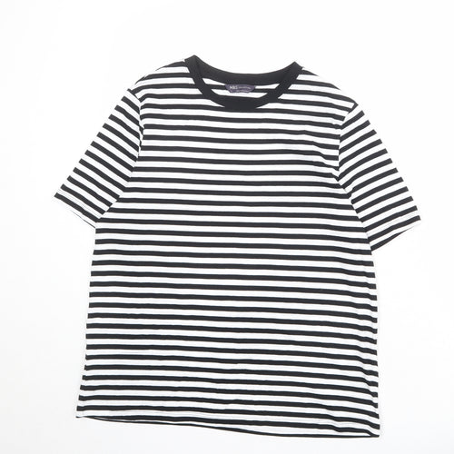 Marks and Spencer Womens Black Striped 100% Cotton Basic T-Shirt Size 14 Round Neck