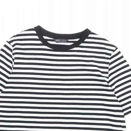 Marks and Spencer Womens Black Striped 100% Cotton Basic T-Shirt Size 14 Round Neck