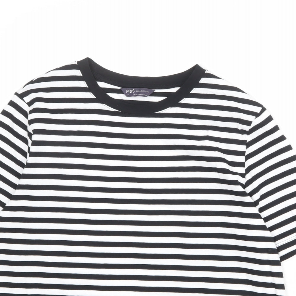 Marks and Spencer Womens Black Striped 100% Cotton Basic T-Shirt Size 14 Round Neck