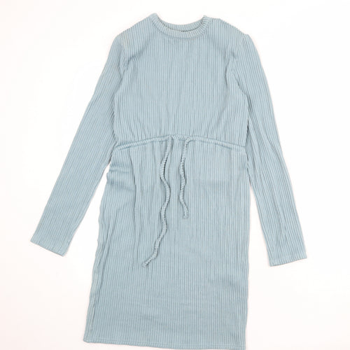 PRETTYLITTLETHING Womens Blue Polyester T-Shirt Dress Size 10 Crew Neck Pullover - Ribbed