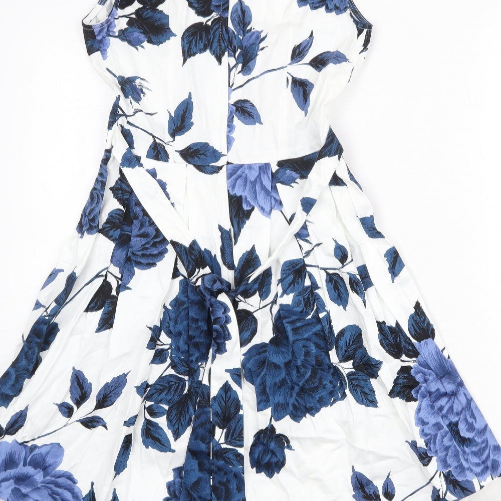 Dorothy Perkins Womens White Floral Cotton Fit & Flare Size 8 Boat Neck Zip