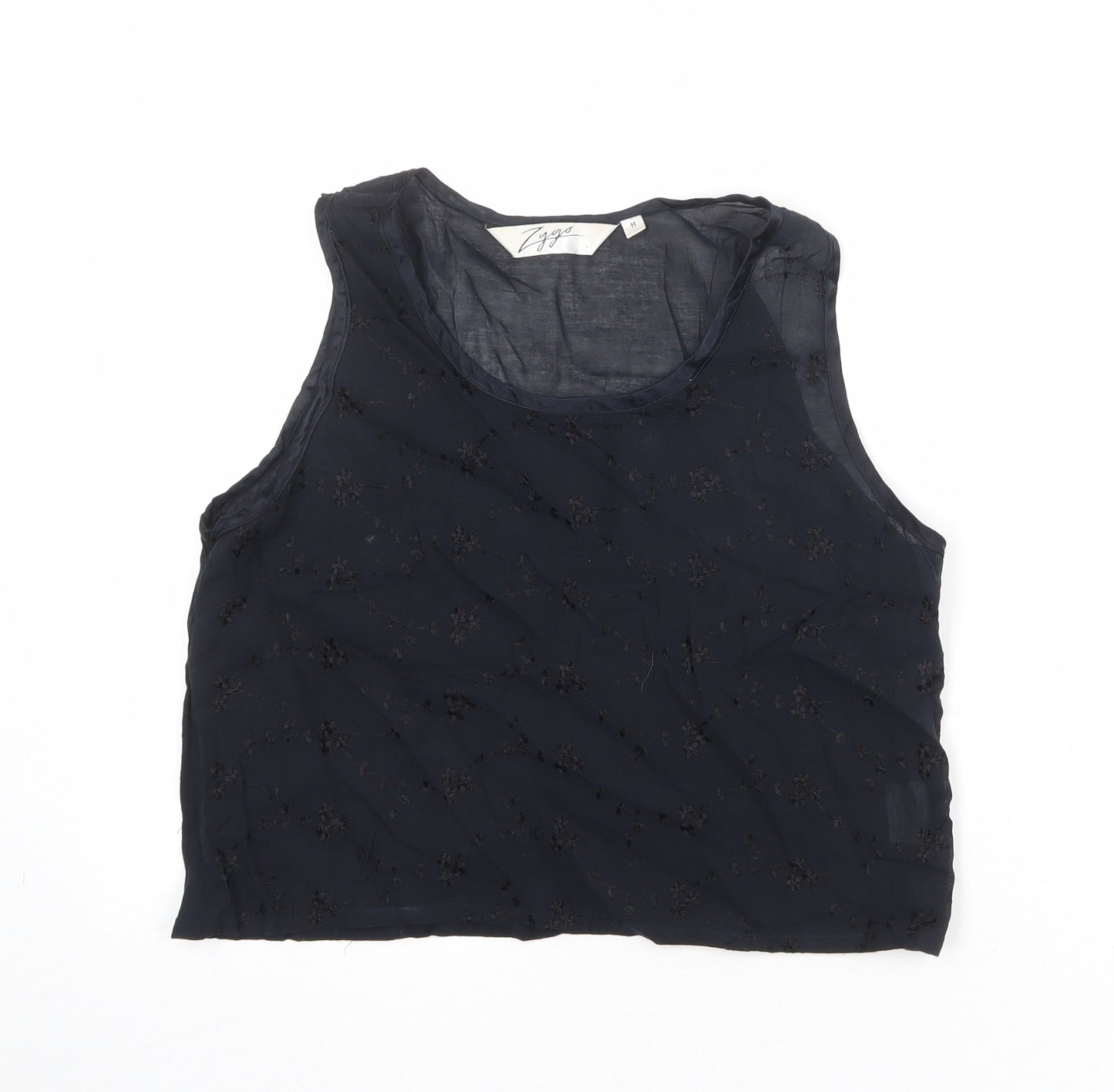 Zygo Womens Black Geometric Viscose Basic Tank Size M Round Neck