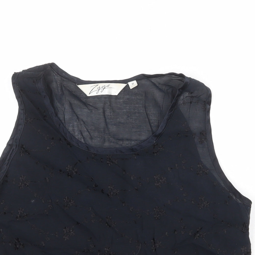 Zygo Womens Black Geometric Viscose Basic Tank Size M Round Neck