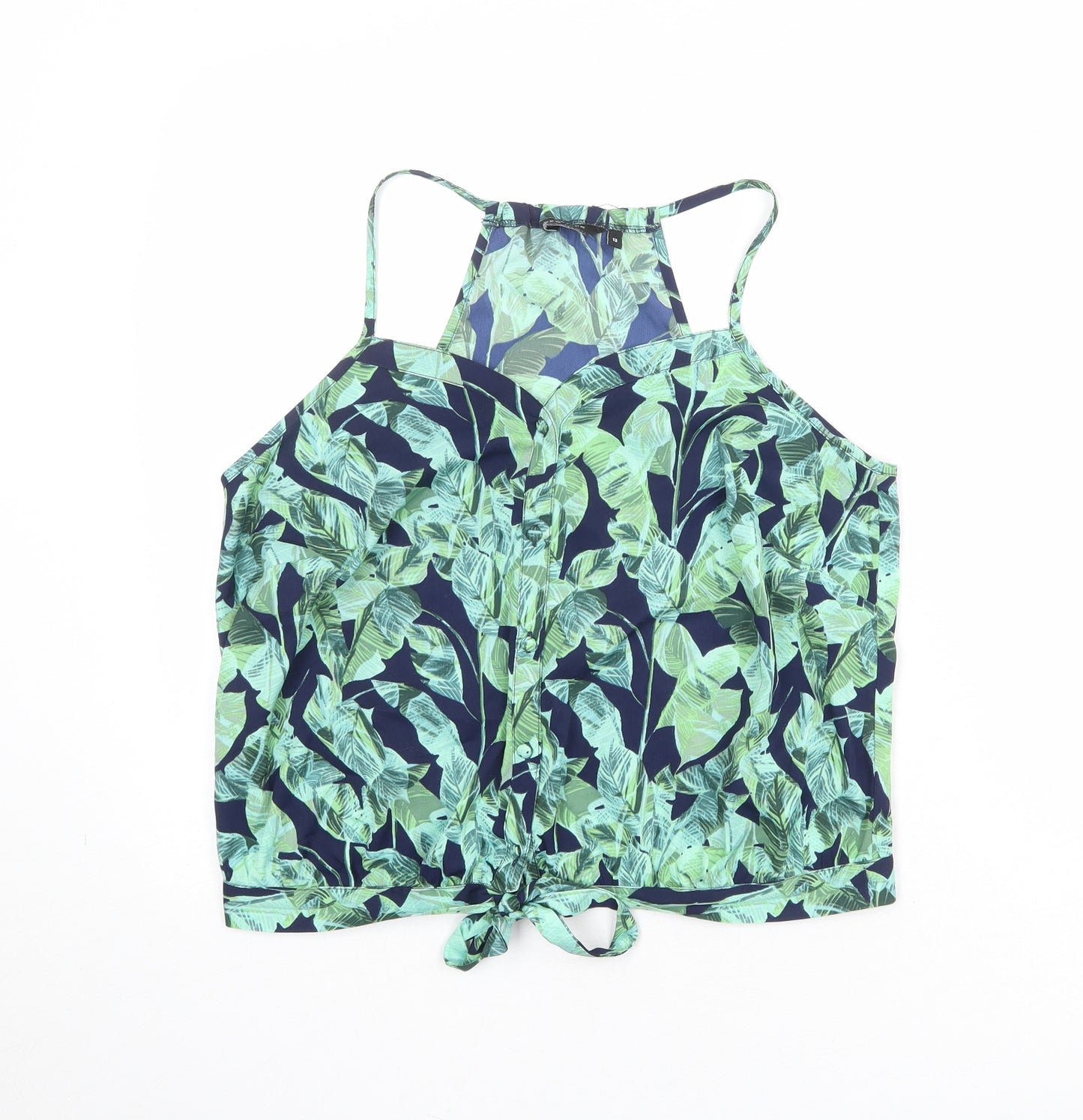 New Look Womens Blue Geometric Polyester Camisole Tank Size 12 Sweetheart - Tie Front Detail