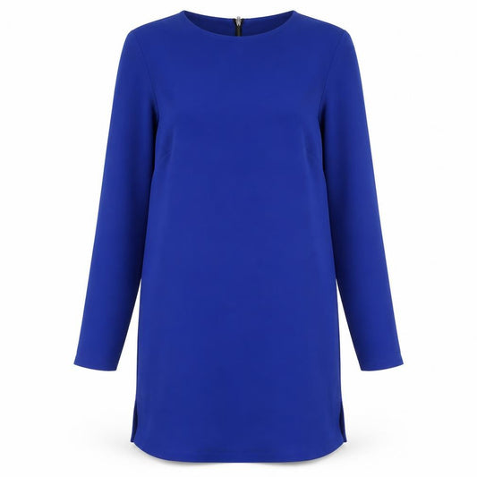 Front view of Warehouse women’s blue polyester shift, size UK 12, boat neck zip