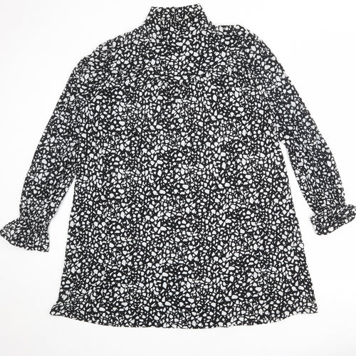 Blue Vanilla Womens Black Geometric Polyester A-Line Size S High Neck Button