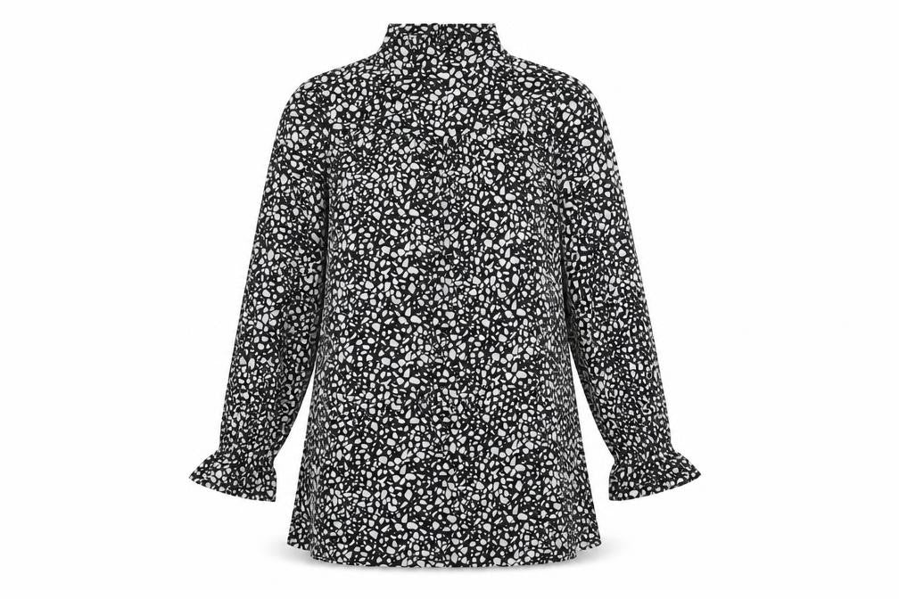 Front view of Blue Vanilla women’s black geometric polyester a-line, size S, high neck button