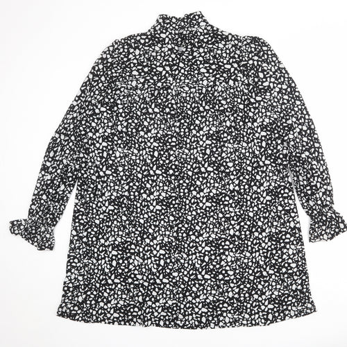 Blue Vanilla Womens Black Geometric Polyester A-Line Size S High Neck Button