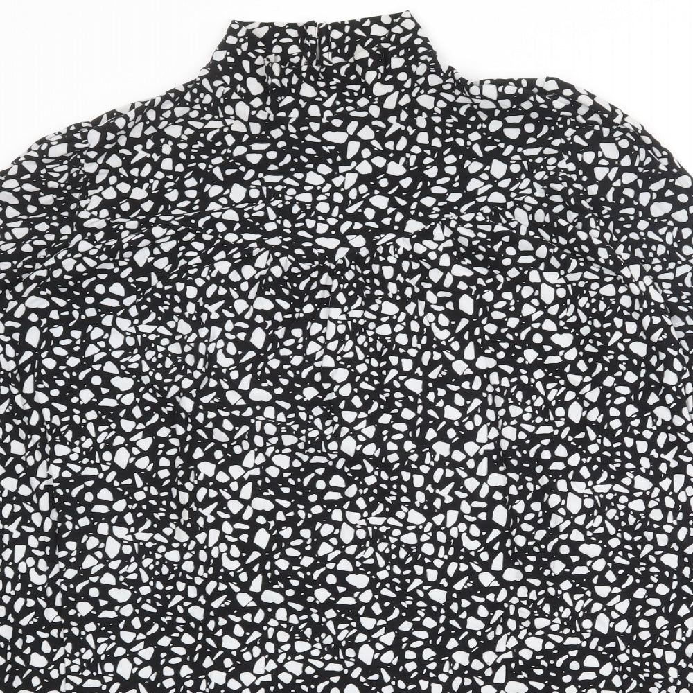 Blue Vanilla Womens Black Geometric Polyester A-Line Size S High Neck Button