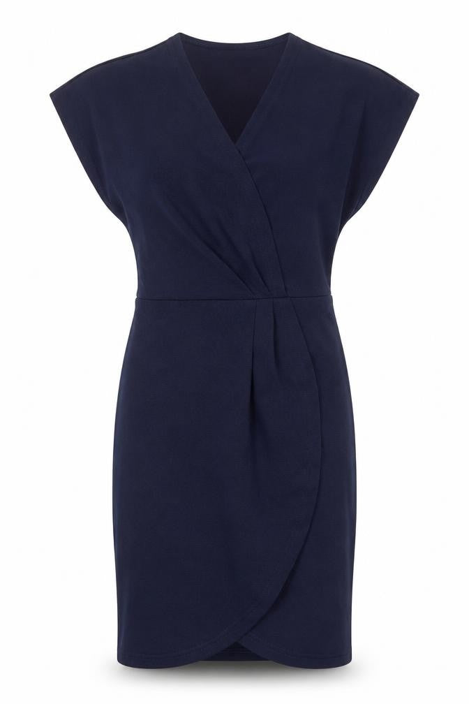 Front view of Mela London women’s blue polyester sheath, size UK 8, v-neck pullover - wrap front detail