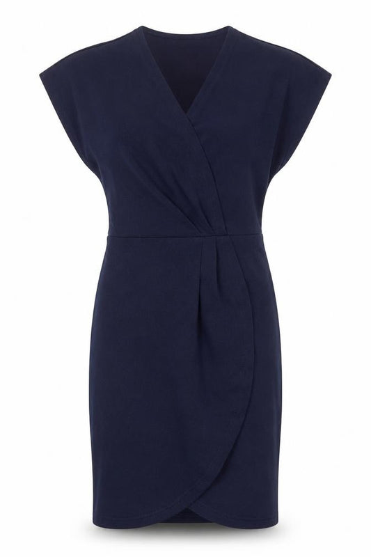Front view of Mela London women’s blue polyester sheath, size UK 8, v-neck pullover - wrap front detail