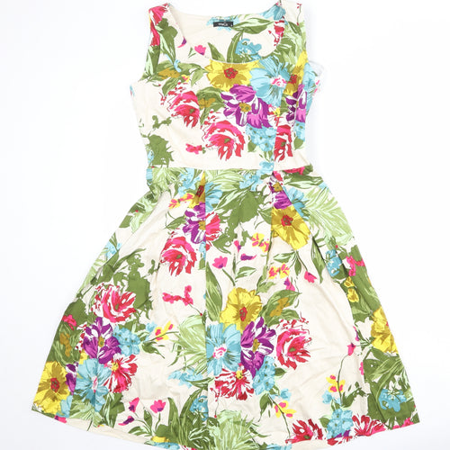 M&Co Womens Multicoloured Floral Cotton Fit & Flare Size 10 Boat Neck Zip
