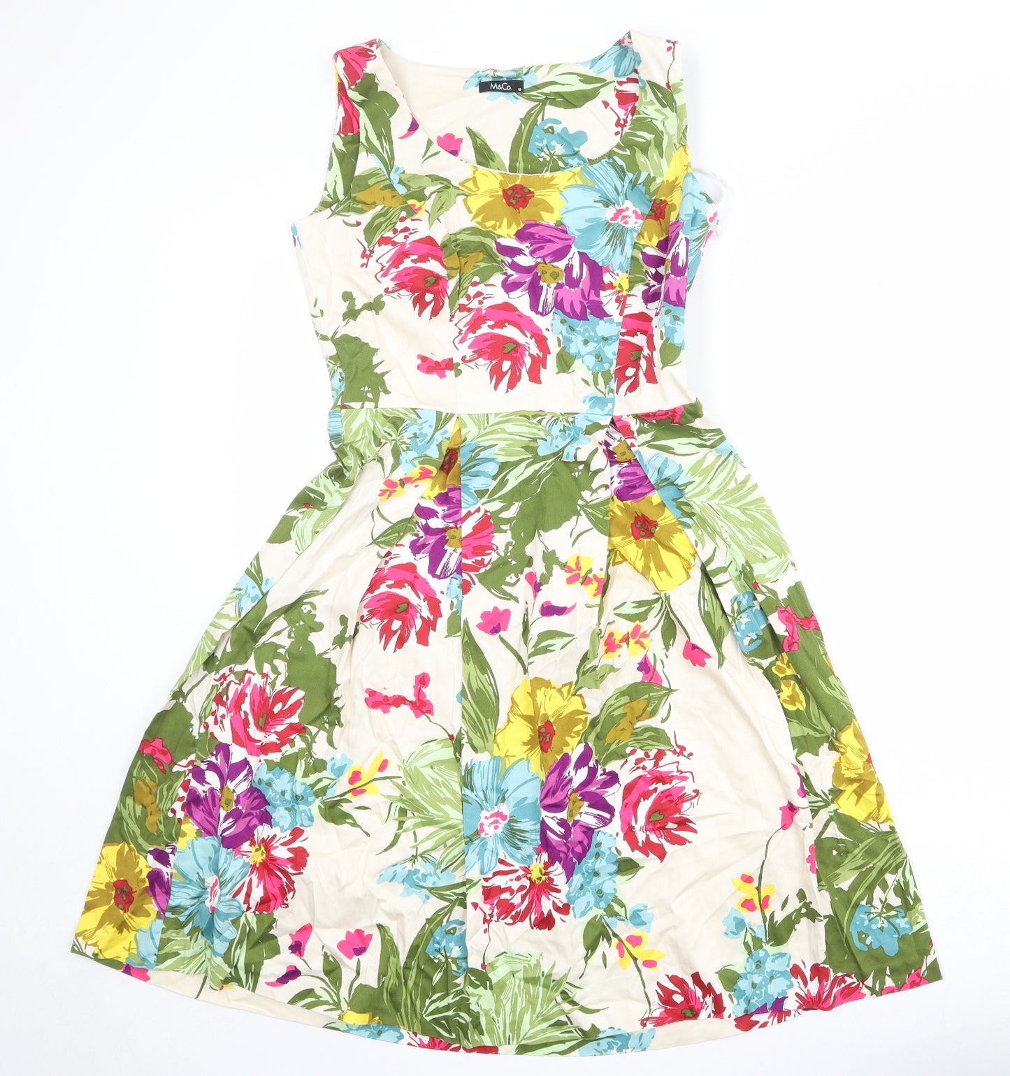 M&Co Womens Multicoloured Floral Cotton Fit & Flare Size 10 Boat Neck Zip