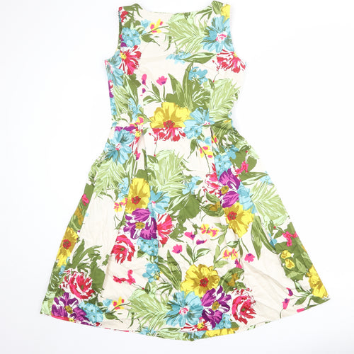 M&Co Womens Multicoloured Floral Cotton Fit & Flare Size 10 Boat Neck Zip