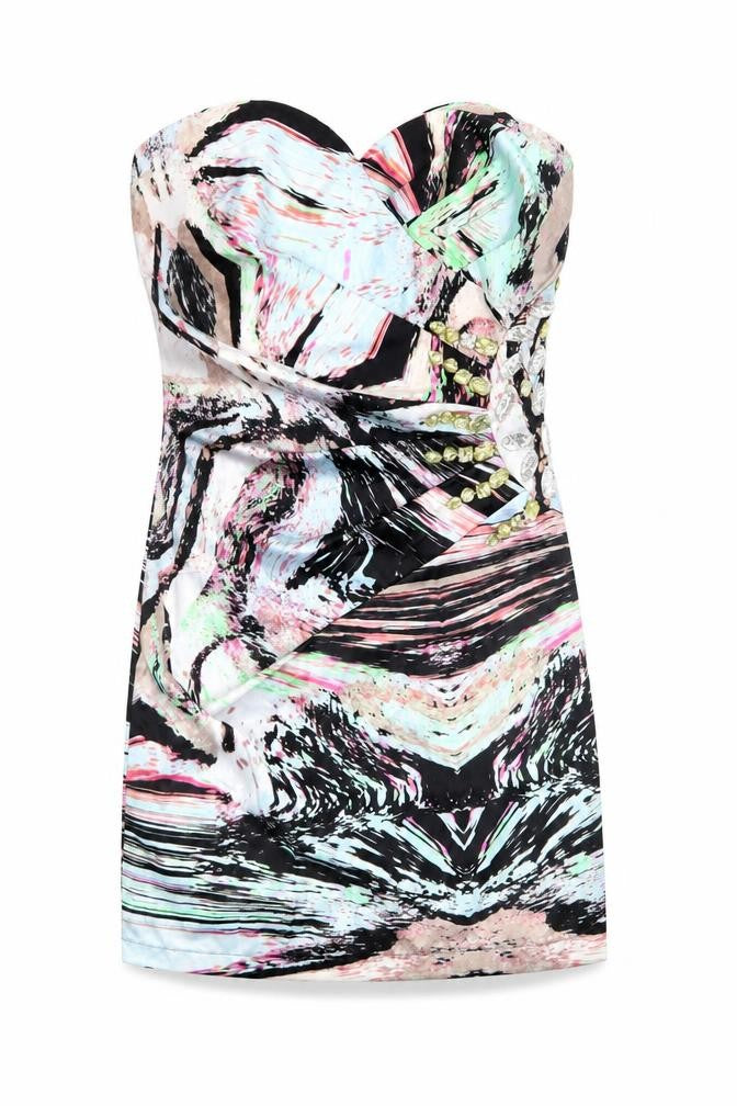 Front view of Next women’s multicoloured geometric polyester mini, size UK 10, sweetheart zip - strapless