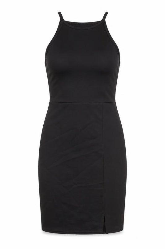 Front view of Missguided women’s black polyester bodycon, size UK 8, round neck pullover