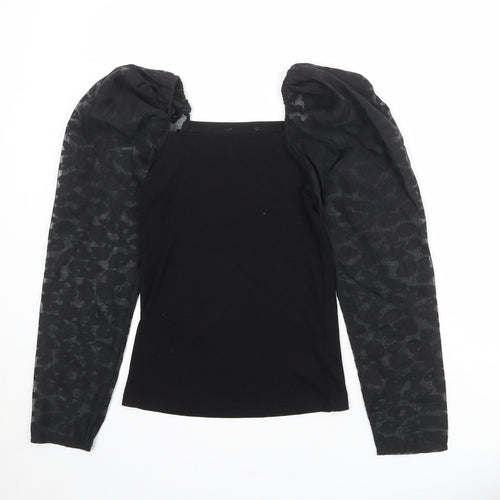 New Look Womens Black Animal Print Polyester Basic Blouse Size 10 Square Neck - Sheer Sleeves